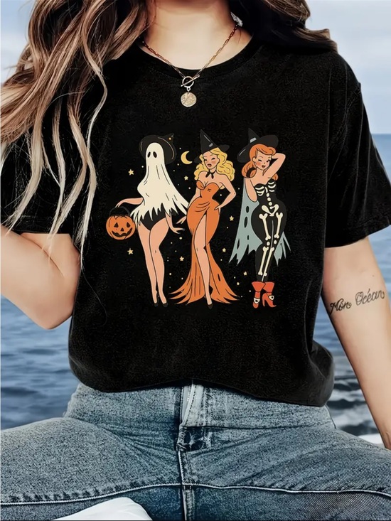 Tops - Retro Halloween Pinup Graphic Tee - Black